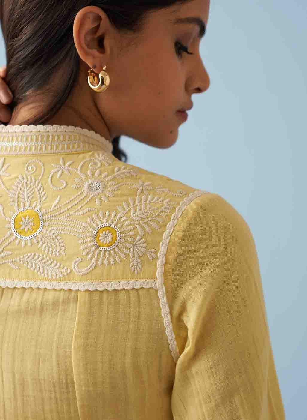 Yellow Embroidered Thigh Length Crinkled Kurti - Lakshita