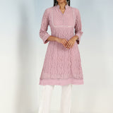 Mirror Work Pink Kurta with Floral Motifs