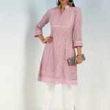 Mirror Work Pink Kurta with Floral Motifs