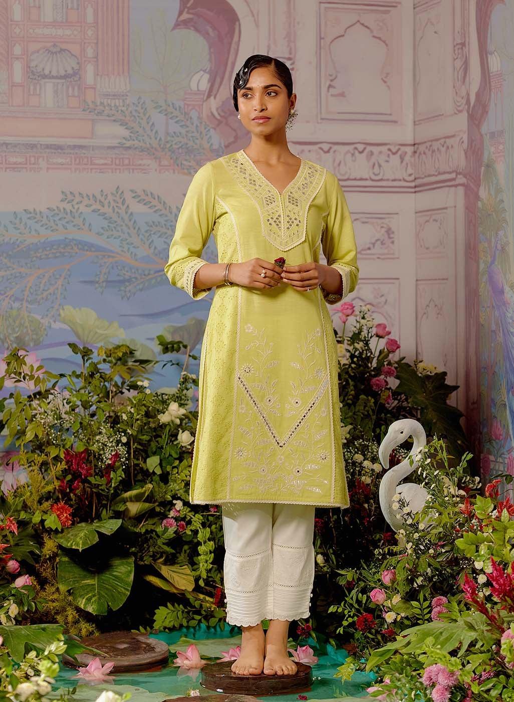 Green Mirror Work Straight Kurta - Lakshita