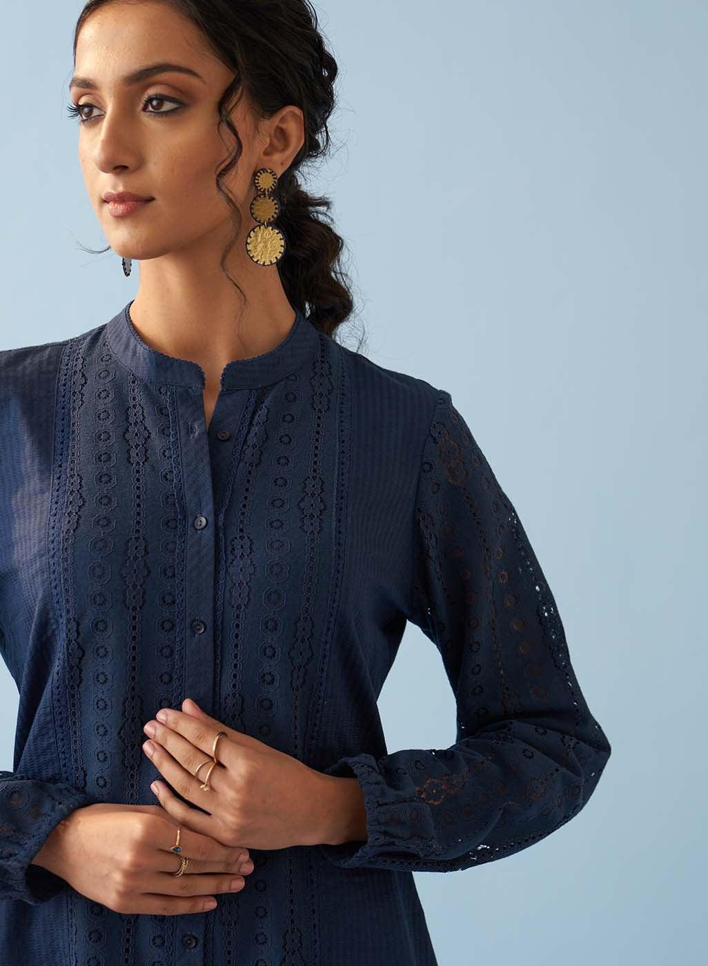 Navy Blue Collared Embroidered Tunic for Women - Lakshita