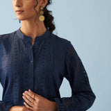 Navy Blue Collared Embroidered Tunic for Women - Lakshita