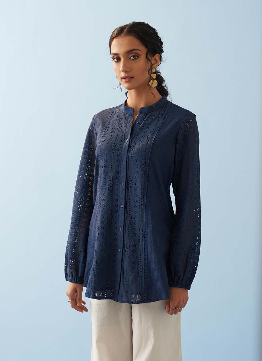 Navy Blue Collared Embroidered Tunic for Women - Lakshita