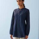 Navy Blue Collared Embroidered Tunic for Women - Lakshita