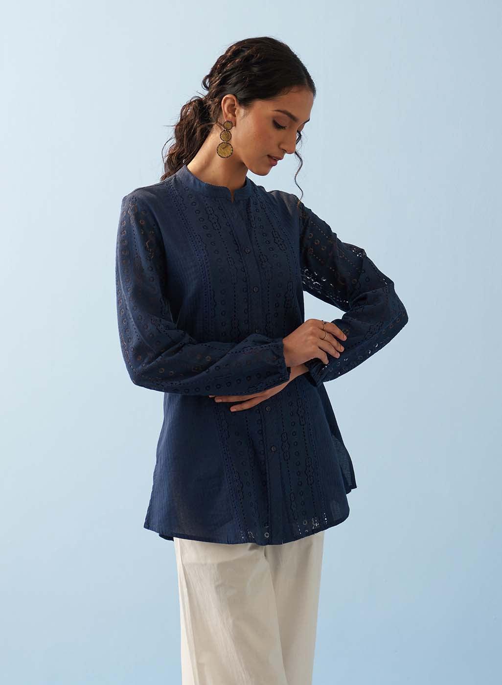 Navy Blue Collared Embroidered Tunic for Women - Lakshita