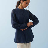 Navy Blue Collared Embroidered Tunic for Women - Lakshita