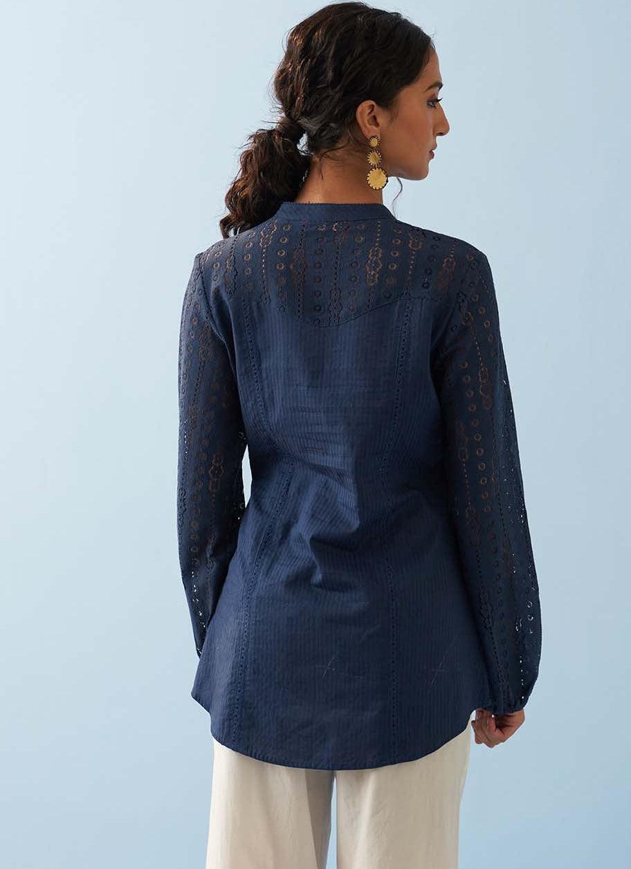 Navy Blue Collared Embroidered Tunic for Women - Lakshita