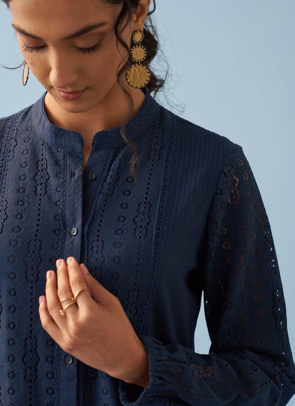 Navy Blue Collared Embroidered Tunic for Women - Lakshita