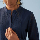 Navy Blue Collared Embroidered Tunic for Women - Lakshita