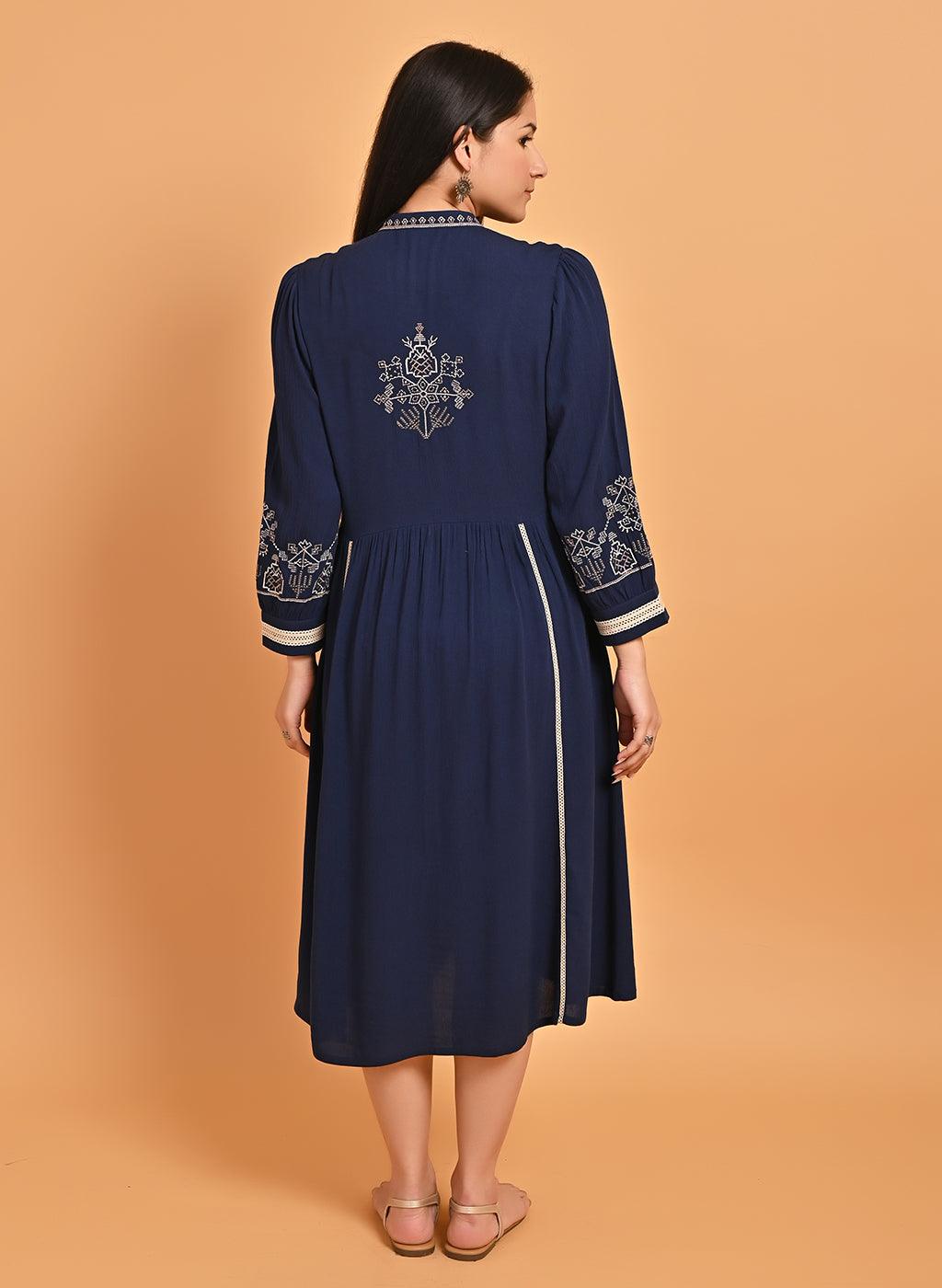 Navy Blue A-Line Boho Long Dress with Dori Tie Neck - Lakshita