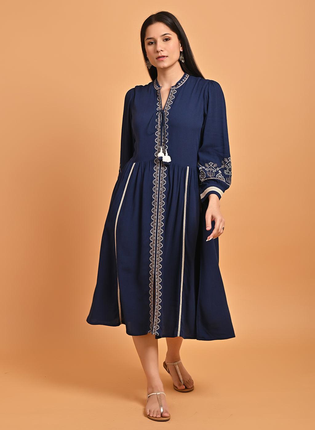 Navy Blue A-Line Boho Long Dress with Dori Tie Neck - Lakshita