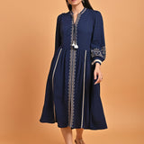 Navy Blue A-Line Boho Long Dress with Dori Tie Neck - Lakshita