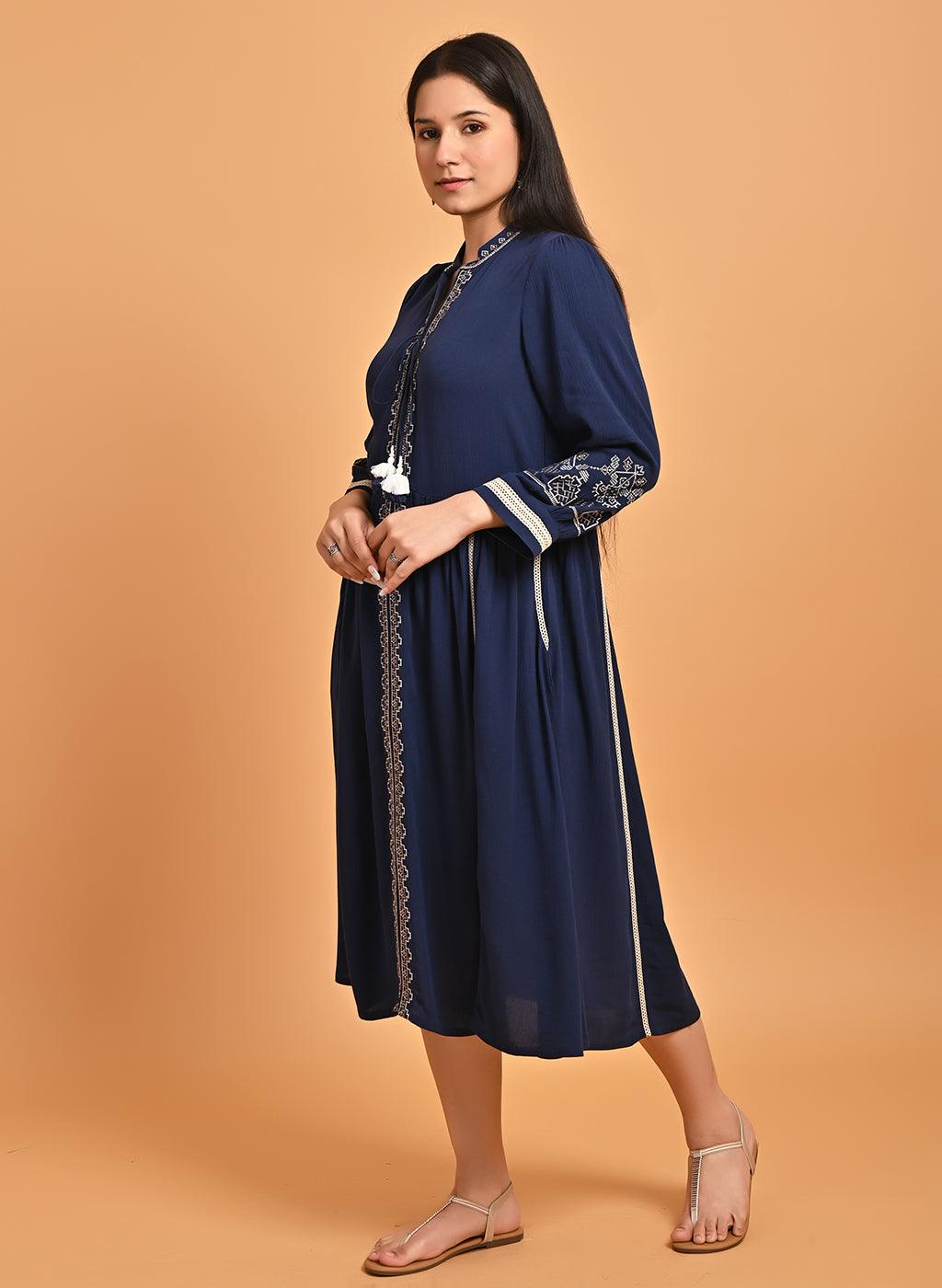 Navy Blue A-Line Boho Long Dress with Dori Tie Neck - Lakshita