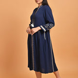 Navy Blue A-Line Boho Long Dress with Dori Tie Neck - Lakshita