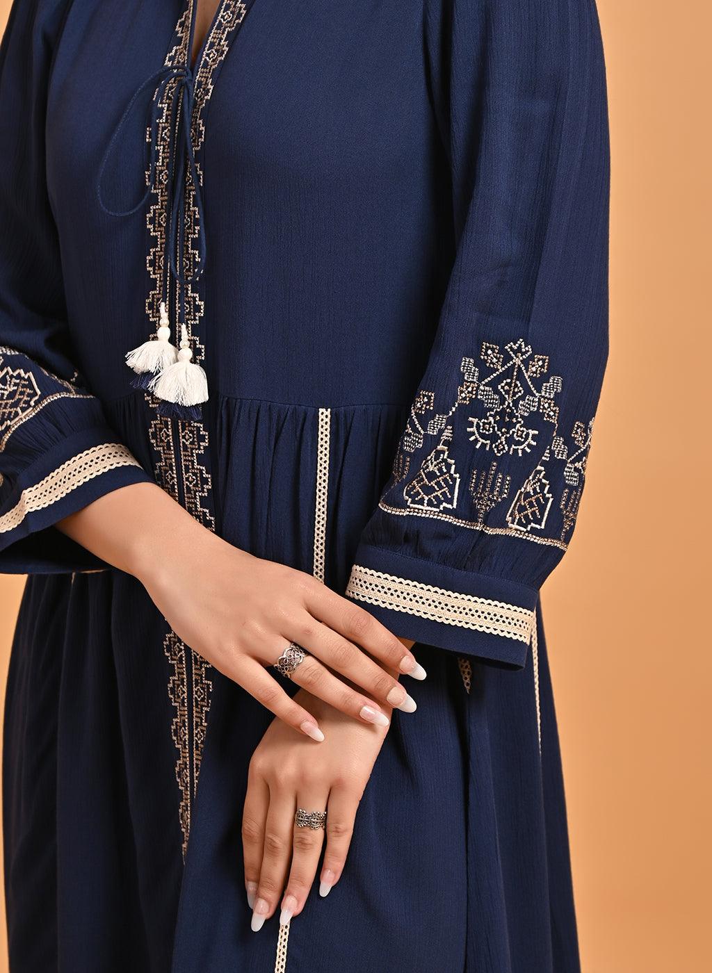 Navy Blue A-Line Boho Long Dress with Dori Tie Neck - Lakshita