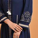 Navy Blue A-Line Boho Long Dress with Dori Tie Neck - Lakshita