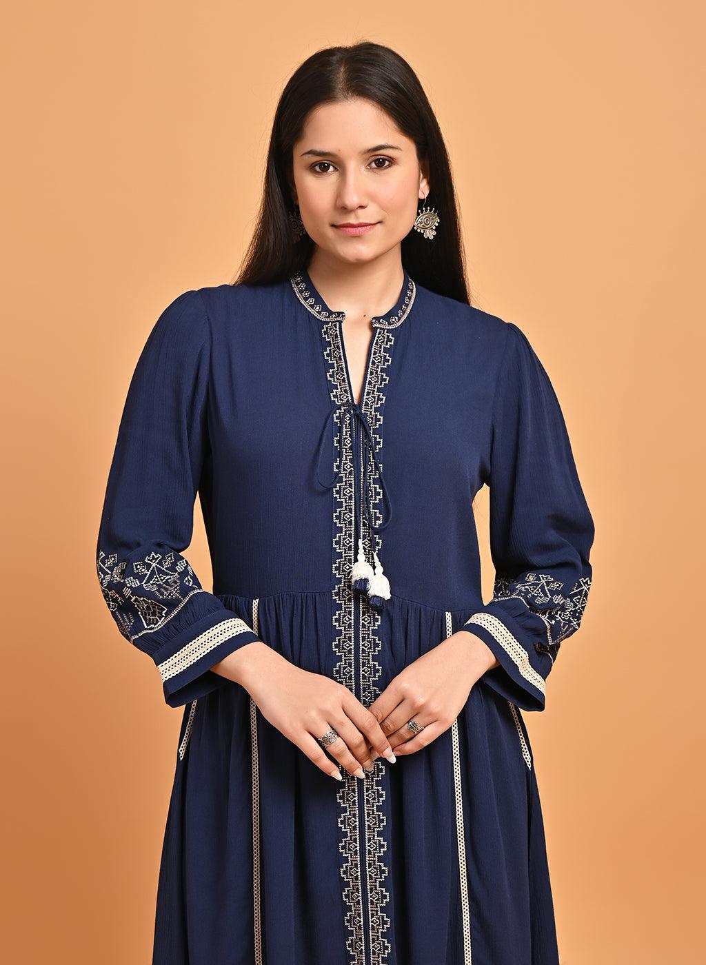 Navy Blue A-Line Boho Long Dress with Dori Tie Neck - Lakshita