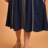 Navy Blue A-Line Boho Long Dress with Dori Tie Neck - Lakshita