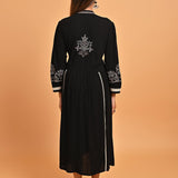 Black A-Line Boho Long Dress with Dori Tie Neck - Lakshita