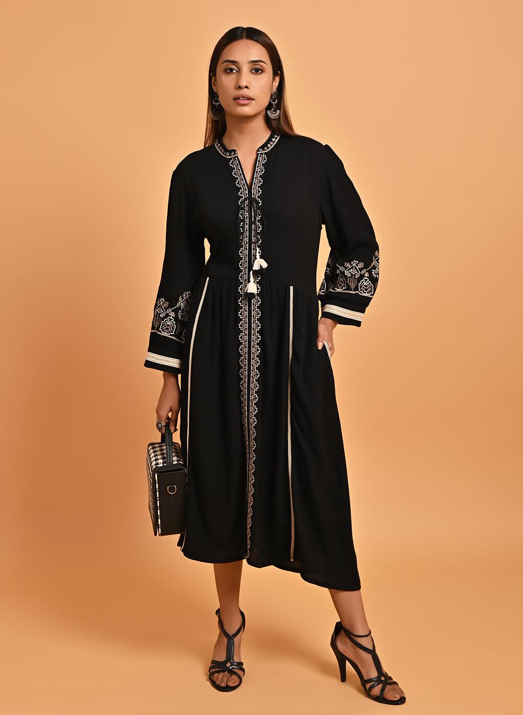 Black A-Line Boho Long Dress with Dori Tie Neck - Lakshita