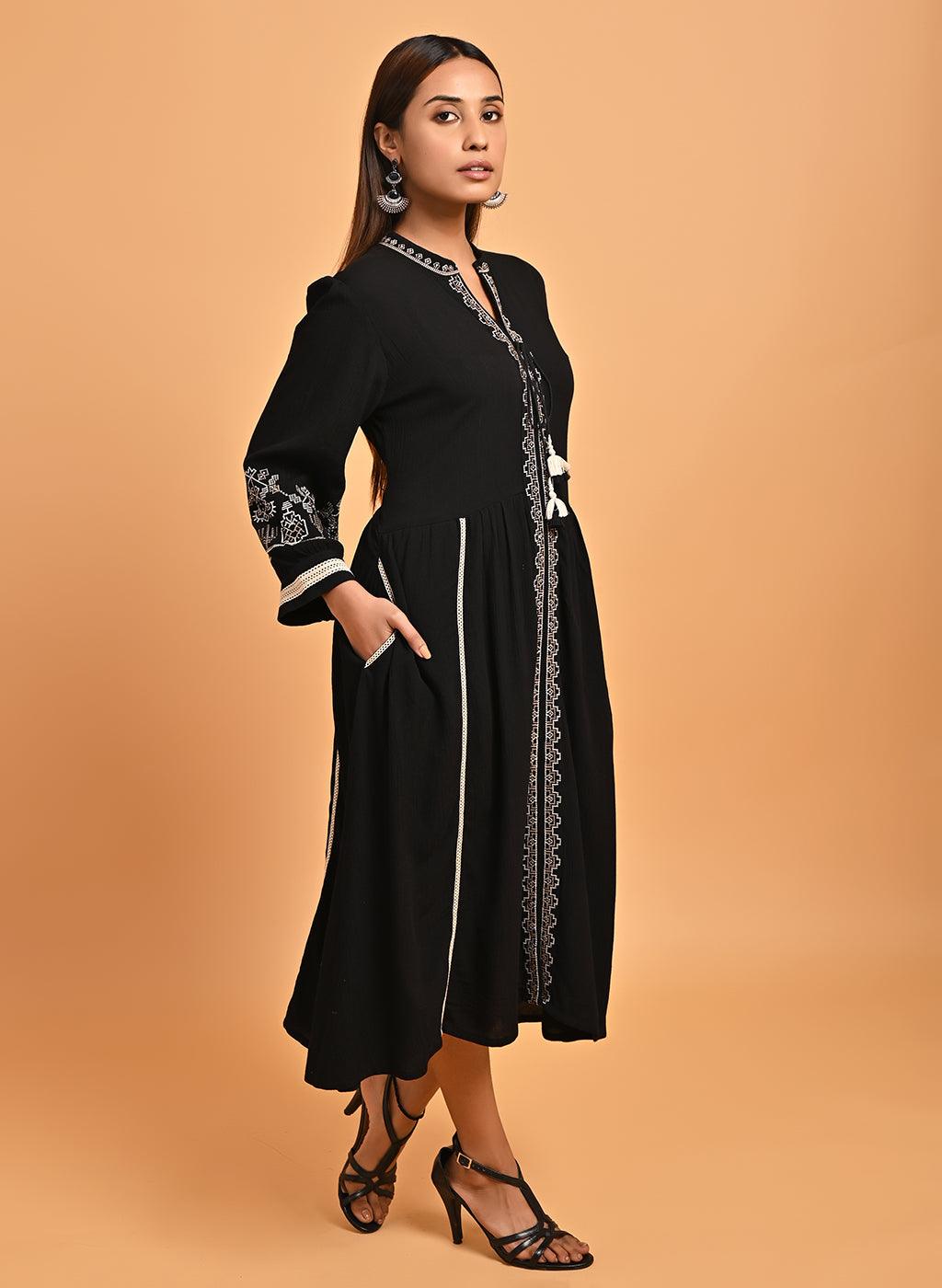 Black A-Line Boho Long Dress with Dori Tie Neck - Lakshita