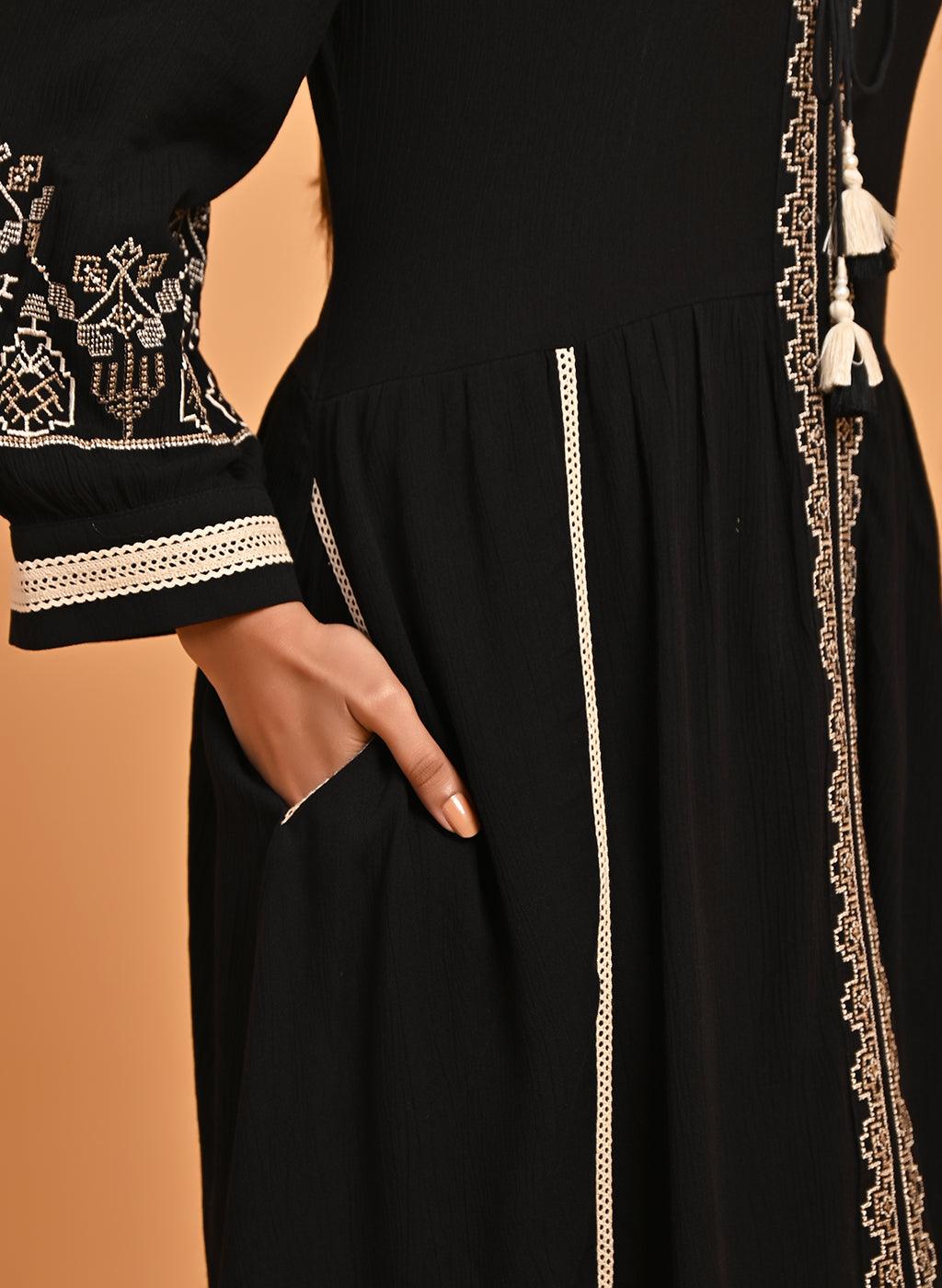 Black A-Line Boho Long Dress with Dori Tie Neck - Lakshita