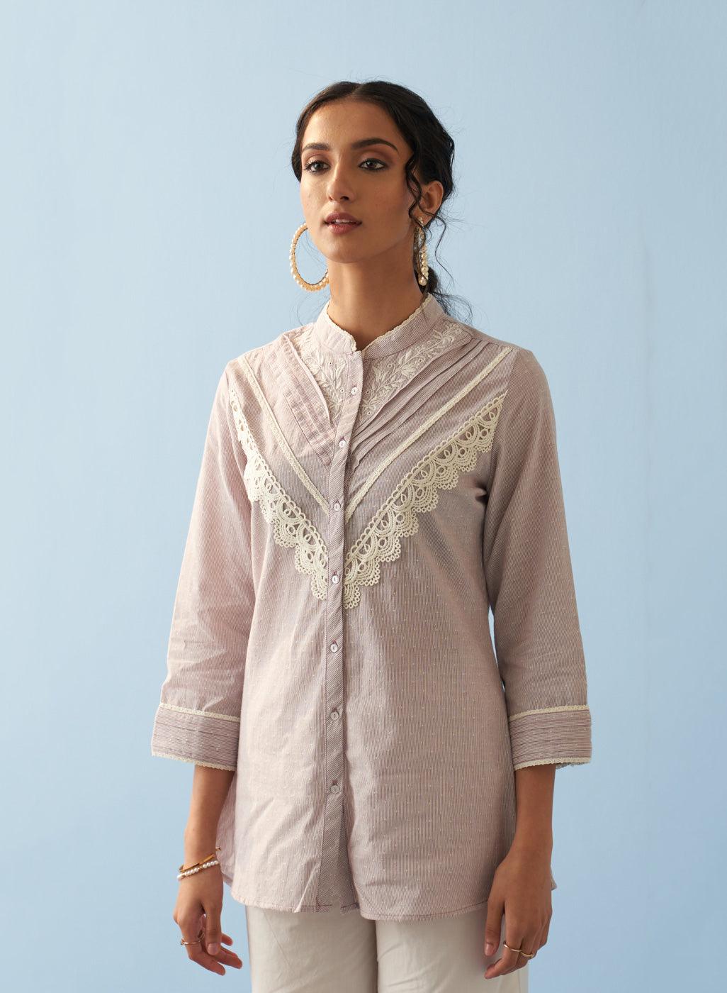 Lavender Embroidered Shirt with Lace Detailing - Lakshita