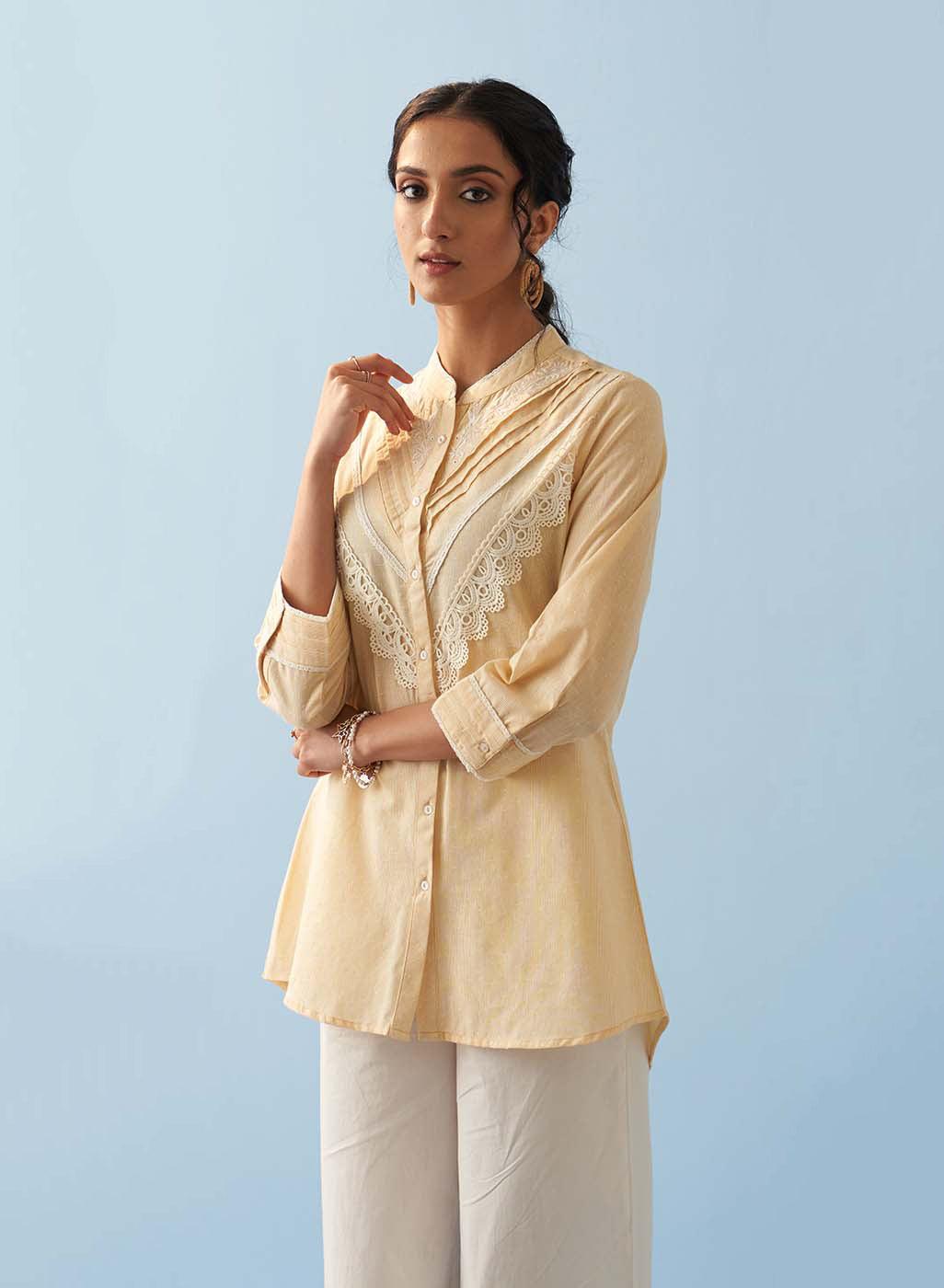 Yellow Embroidered Shirt with Lace Detailing - Lakshita