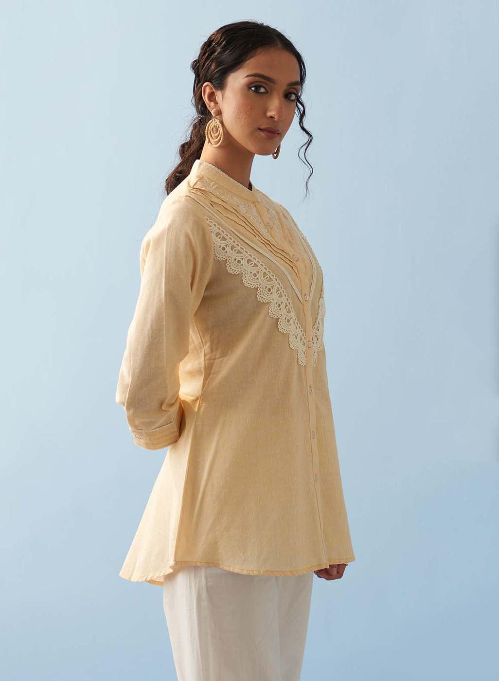 Yellow Embroidered Shirt with Lace Detailing - Lakshita