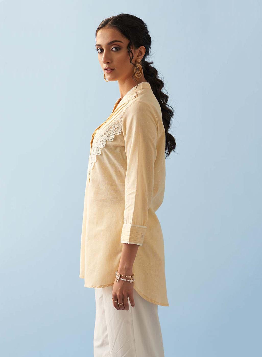 Yellow Embroidered Shirt with Lace Detailing - Lakshita