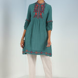 Solid Teal Tunic with Stylish Gathered Sleeve