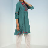 Solid Teal Tunic with Stylish Gathered Sleeve