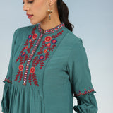 Solid Teal Tunic with Stylish Gathered Sleeve