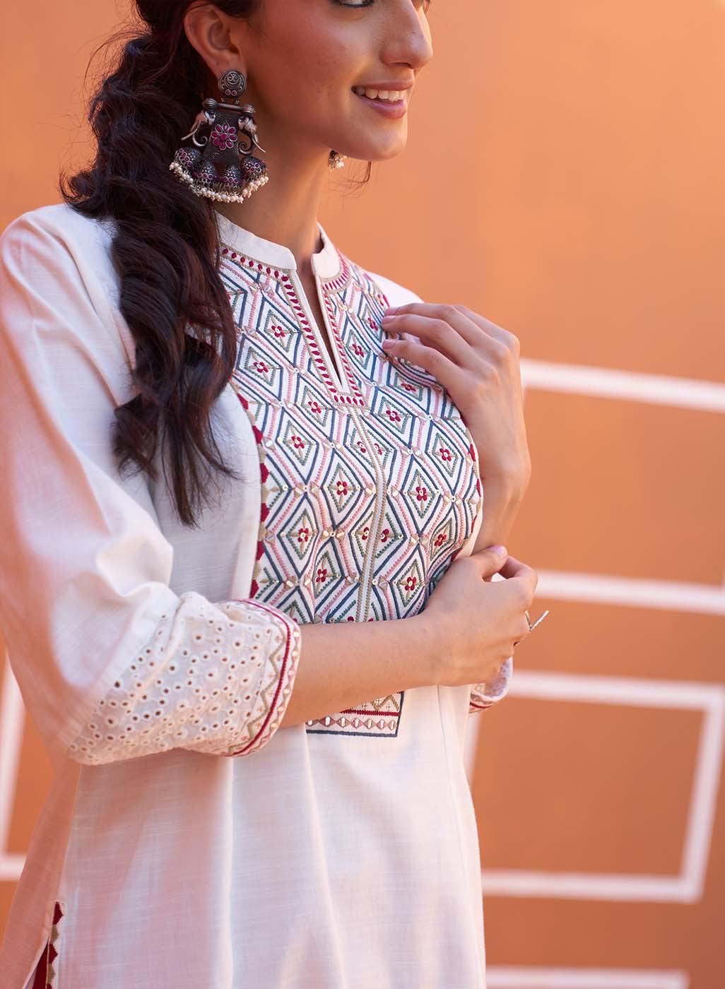 White V-Neck Kurta with Multi Coloured Embroidery and 3/4th Sleeves - Lakshita