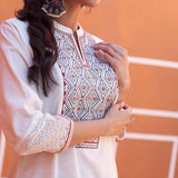 White V-Neck Kurta with Multi Coloured Embroidery and 3/4th Sleeves - Lakshita