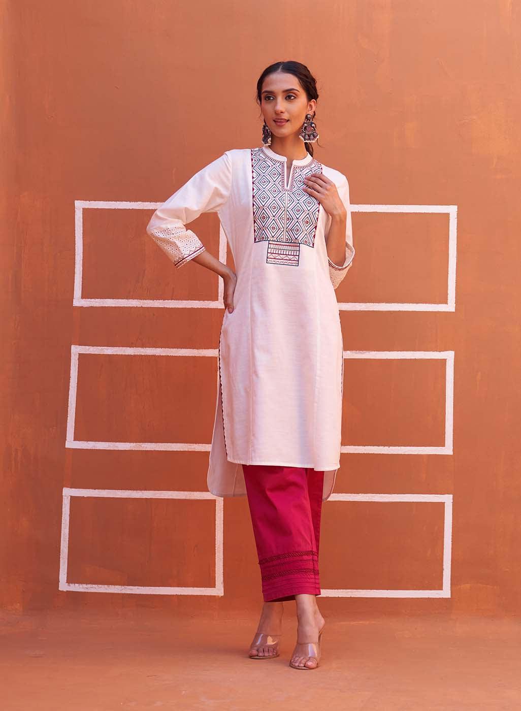 White V-Neck Kurta with Multi Coloured Embroidery and 3/4th Sleeves - Lakshita