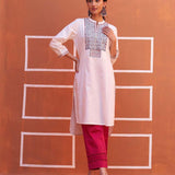 White V-Neck Kurta with Multi Coloured Embroidery and 3/4th Sleeves - Lakshita