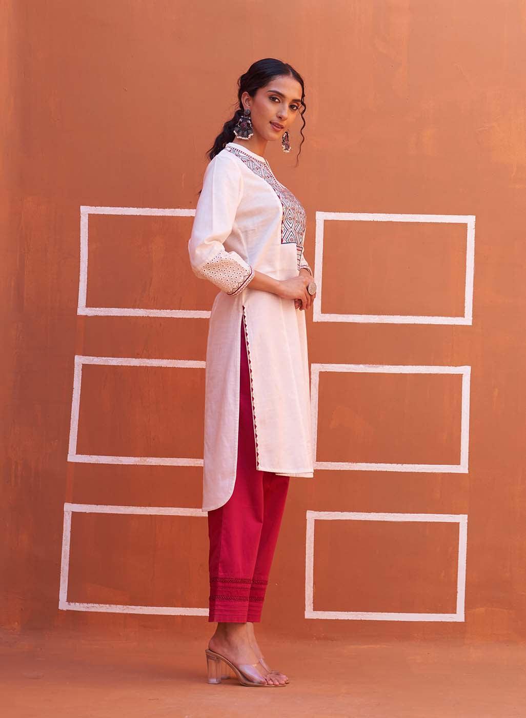 Kurta Sets & Suits | Red & White Lining Print Women's Kurti With Straight  Fit Matching Pant | Freeup