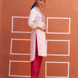 White V-Neck Kurta with Multi Coloured Embroidery and 3/4th Sleeves - Lakshita