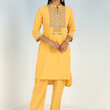 Yellow V-Neck Kurta with Multi Coloured Embroidery and 3/4th Sleeves