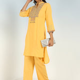 Yellow V-Neck Kurta with Multi Coloured Embroidery and 3/4th Sleeves