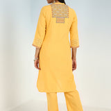 Yellow V-Neck Kurta with Multi Coloured Embroidery and 3/4th Sleeves