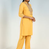 Yellow V-Neck Kurta with Multi Coloured Embroidery and 3/4th Sleeves