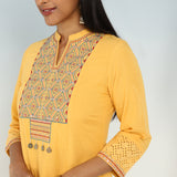 Yellow V-Neck Kurta with Multi Coloured Embroidery and 3/4th Sleeves