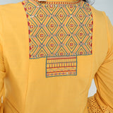 Yellow V-Neck Kurta with Multi Coloured Embroidery and 3/4th Sleeves