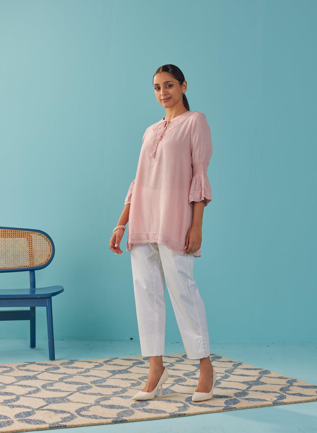 Pink Solid Tunic with Keyhole Neck and Bell Sleeves - Lakshita