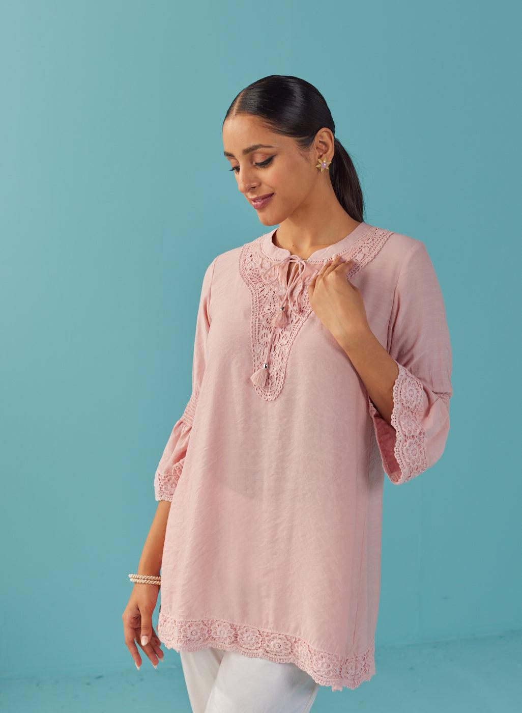 Pink Solid Tunic with Keyhole Neck and Bell Sleeves - Lakshita