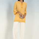 Yellow Solid Tunic with Keyhole Neck and Bell Sleeves