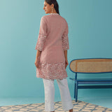 Solid Nude Peach Knee length Kurti with Embroidered Sleeve - Lakshita