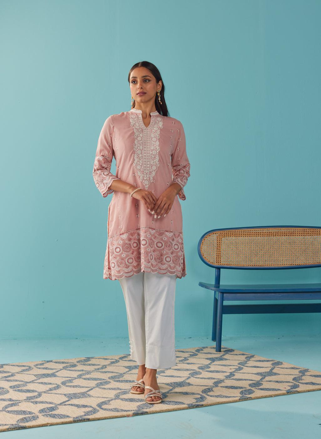 Solid Nude Peach Knee length Kurti with Embroidered Sleeve - Lakshita